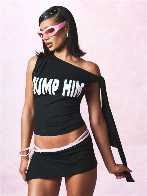 SUMWON WOMEN Tie Shoulder One Shoulder Crop Top Slogan Text Print Party ...