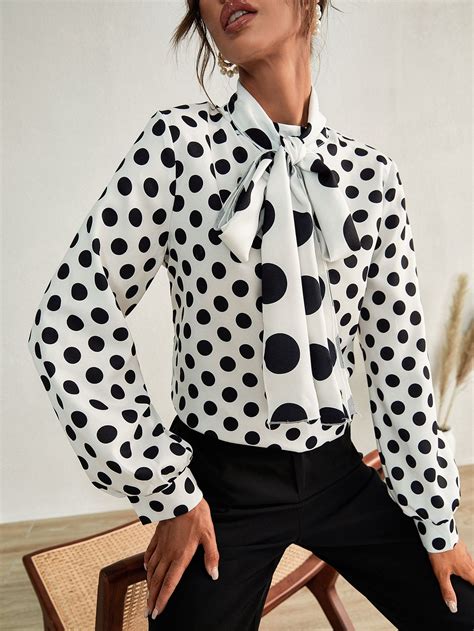 Tie Neck Polka Dot Print Lantern Sleeve Blouse | Blouse, Daily outfits ...