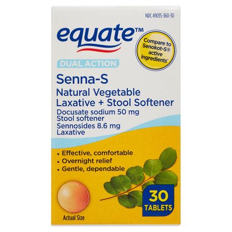 Equate Dual Action Senna-s Natural Vegetable Laxative + Stool Softener Docusate Sodium 50 Mg ...