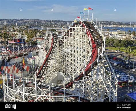 Aerial view of iconic Giant Dipper roller coaster in Belmont Park, an ...