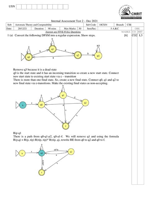 IAT-II Question Paper with Solution of 18CS54 Automata Theory and ...