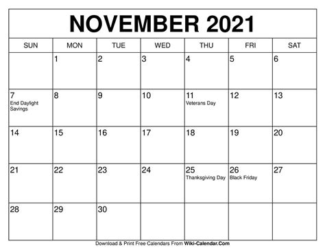 November 21 Calendar Printable - Printable Templates