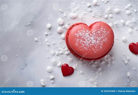 Red Heart Shape Macaron Cookie on Grey Snowy Background Top View Stock ...