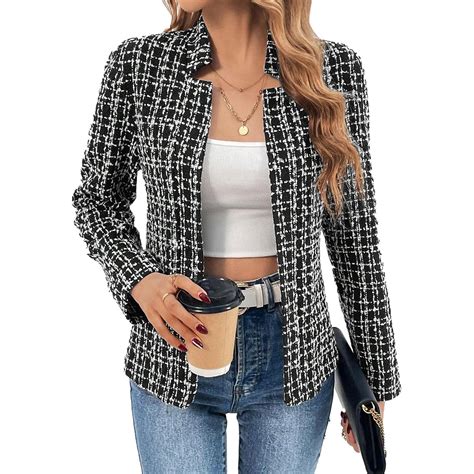 Women's Lightweight Plaid Open Front Blazer - Stand Collar Elegant ...