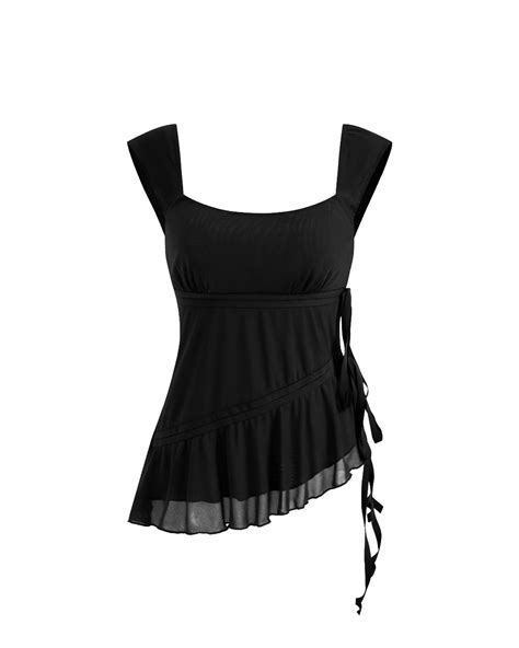 U-neckline Asymmetrical Ruffle Trim Knotted Tank Top In Black ...