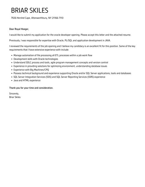 Image result for Oracle Developer Cover Letter Sample