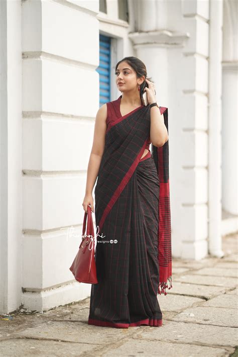 Black & Red Checked Cotton Mangalagiri Saree | Thenmozhi Designs