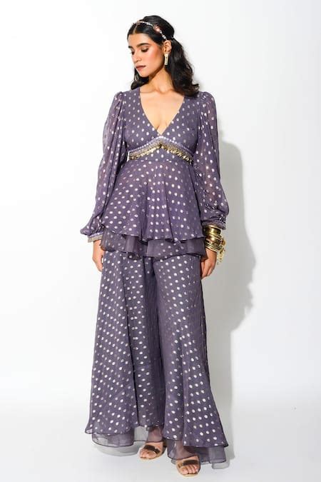 Buy Purple Georgette And Organza Lining Taxo Polka Dot Peplum Top ...