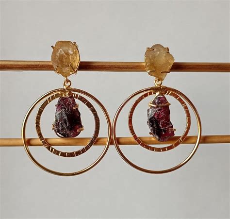 Buy Garnet Citrine Gold Earrings, Unique 18k Gold Plated Earrings ...