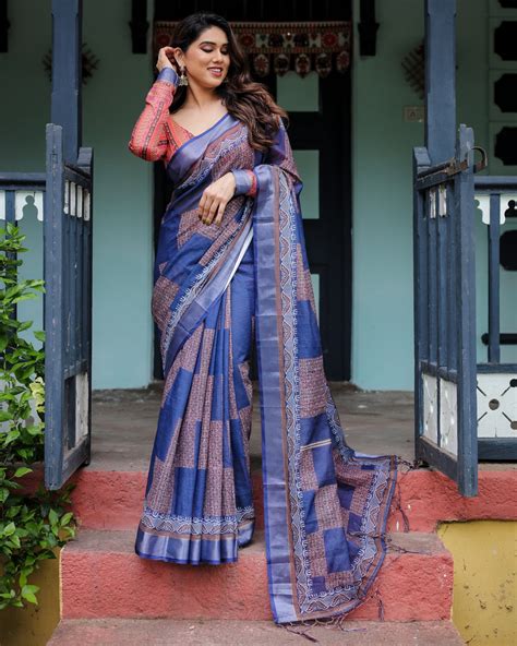 Navy Blue & Red Pure Cotton Linen Saree with Blouse and