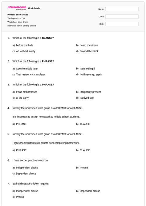 50+ Phrases and Clauses worksheets for Class 8 on Wayground | Free ...