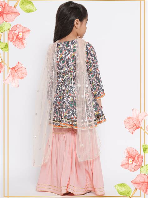 Bird Print Angrakha with Sharara & Dupatta with Ghungroo work - Peach ...