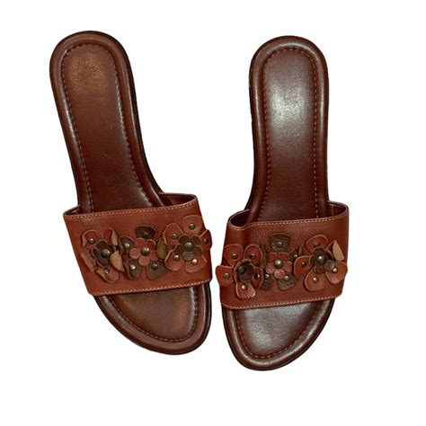 🌸 Brown leather wedge mules with flowers 🌸 wedge... - Depop