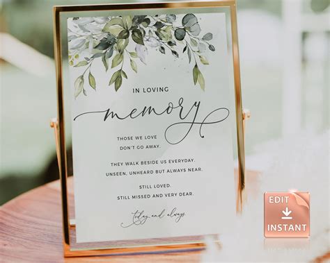 Eucalyptus Wedding Memorial Sign: in Loving Memory (printable) - Etsy | Wedding memorial sign ...