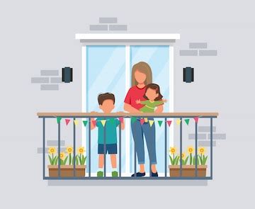 People on balcony, mother with kids, coronavirus concept. stay at home ...