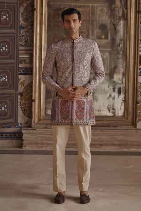 Buy Purple Silk, Viscose, Twill Embroidery Jahan Printed Achkan And ...