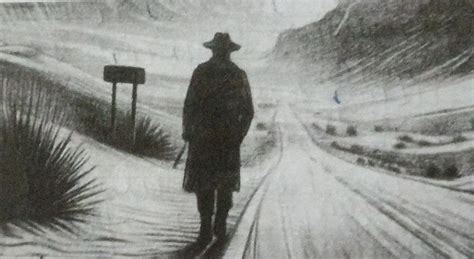 Interpret the image of a tone traveller on a desert road. Write a ...