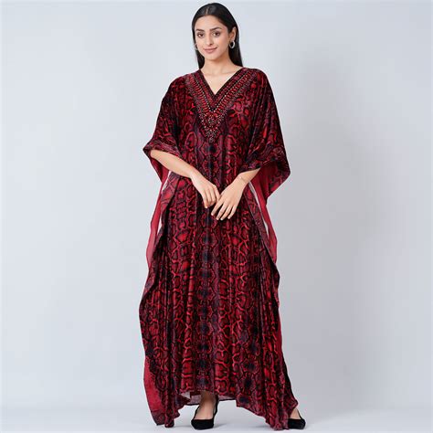 Red Animal Print Embellished Silk Velvet Full Length Kaftan – First ...