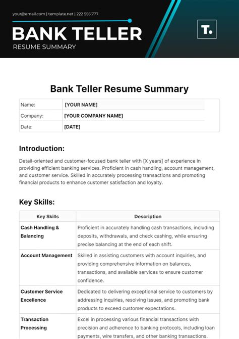 Free Bank Teller Resume Summary Template to Edit Online