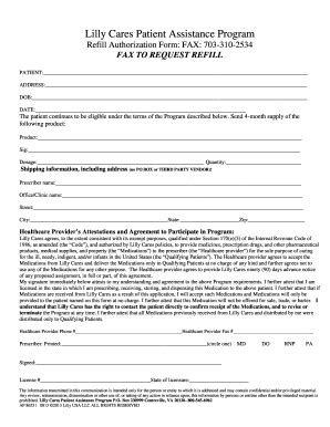 Lilly Cares Patient Assistance Program Refill Authorization Form ...