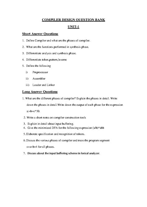 Compiler design - dfbdfs - COMPILER DESIGN QUESTION BANK UNIT- Short ...