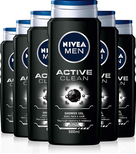 NIVEA MEN Active Clean Shower Gel Pack of 6 (6 x 500ml), Purifying ...