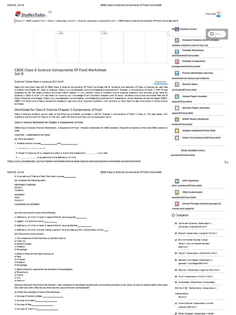 Image result for Components of Food Class 6 Worksheet PDF