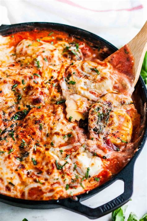 One Pot Skillet Ravioli Lasagna with Spinach and Kale  