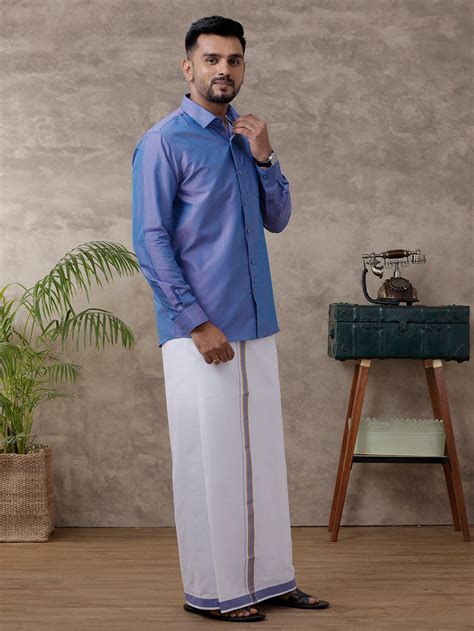 Ramraj Men Matching Jari Border Dhoti & Full Sleeves Shirt Set Blue VB5