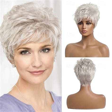 Short Silver Grey Hair Wigs for Women Blend Pixie Cut Wig With ...