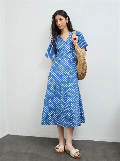 Buy Bombay Paisley Blue Striped Cotton A-Line Dress from Westside