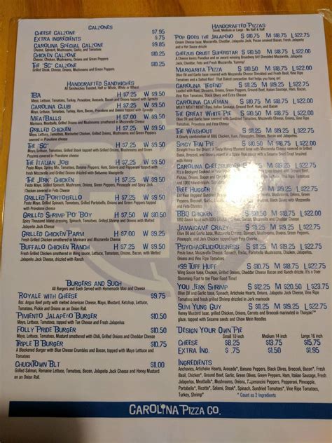Menu at Carolina Pizza Company pizzeria, Walhalla