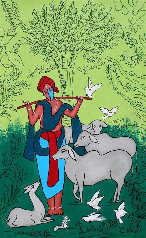 "Cowman": Green Acrylic Painting (30x18) by Chetan Katigar – ArtZolo.com