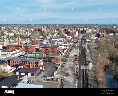 An aerial drone perspective of downtown Haverhill, Massachusetts Stock ...