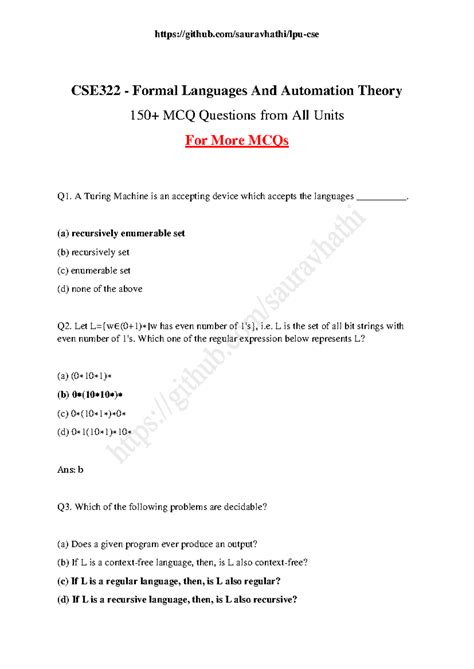 CSE322 Formal Languages And Automation Theory 150+ MCQ Questions - A ...