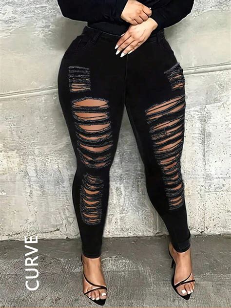 Plus Size Women Ripped Skinny Stretch Denim Jeans | SHEIN USA