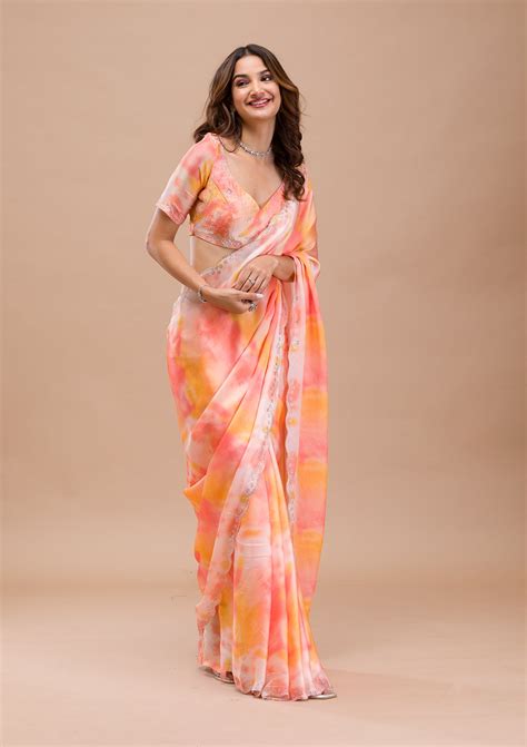 Buy Peach Printed Satin Saree - Koskii