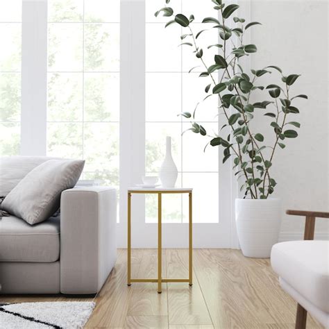 Merrick Lane Fairdale White Marble Finish End Table with Round Brushed ...