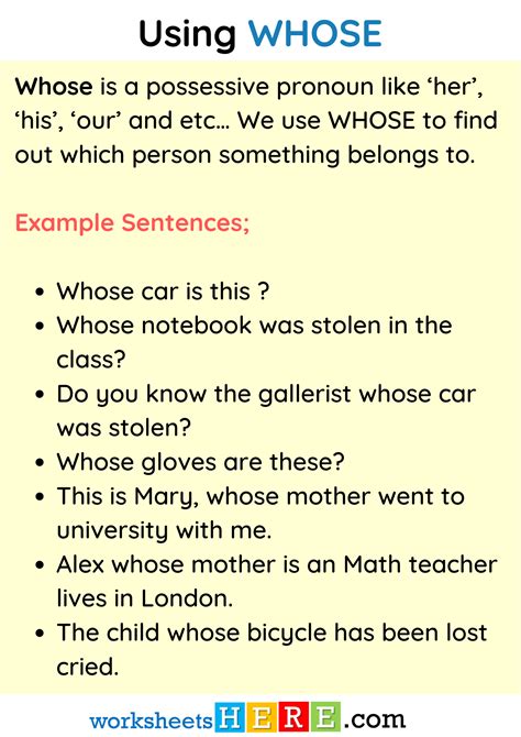 Using WHOSE, Definition and Example Sentences PDF Worksheet For Students - WorksheetsHere.com