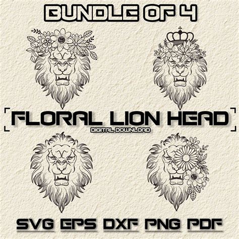 Floral Lion Head SVG Bundle: Laser Engraving Vector Illustration ...