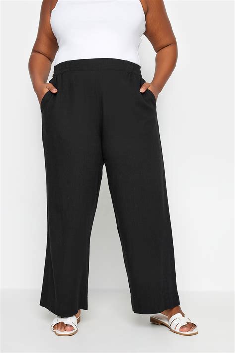 YOURS Plus Size Black Pull On Wide Leg Linen Trousers | Yours Clothing