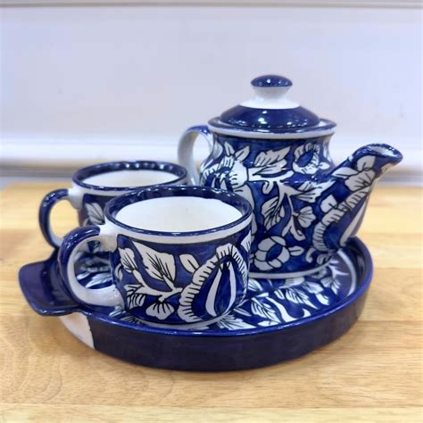 Buy Anouli Hand Painted Blue Pottery Ceramic Tea Kettle Set with 2 Cups ...