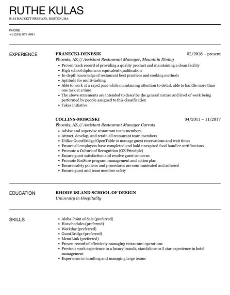 Assistant Restaurant Manager Resume Samples | Velvet Jobs