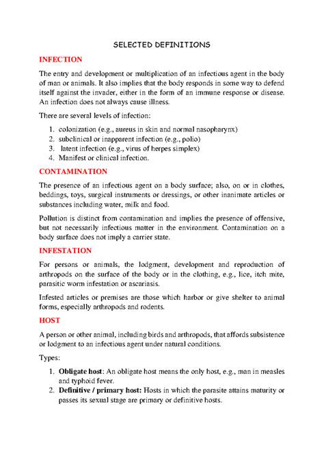 Epidemiology terms - SELECTED DEFINITIONS INFECTION The entry and ...