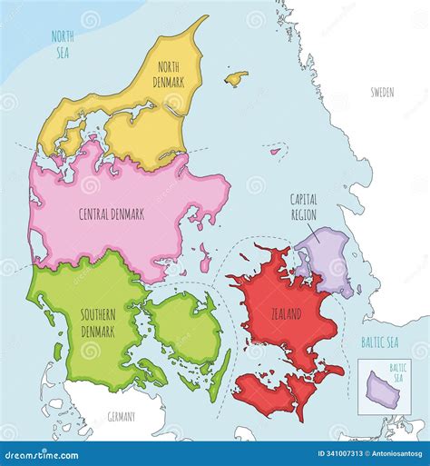 Vector Illustrated Map of Denmark with Regions and Administrative Divisions, and Neighbouring ...