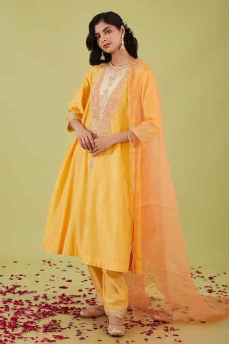 Buy Yellow Organza, Chanderi Gota Patti, Phool Yoke Embroidered ...