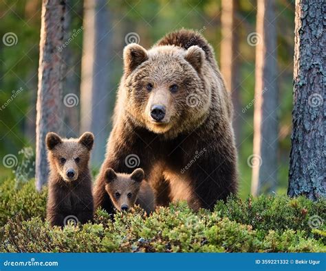 Female Eurasian Brown Bear And Her Cubs In Boreal Forest. Stock Photo ...