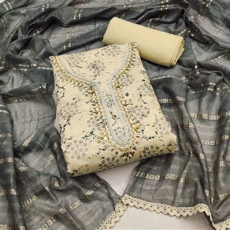 Cream & Dark Grey Digital Printed With Hand Embroidered Muslin Dress M