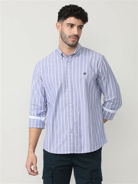 Aqua Oxford Verticle Stripes Checks Shirt With Button Down Collar ...