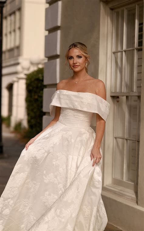 Luxe Floral-Print Off-the-Shoulder Ballgown Wedding Dress